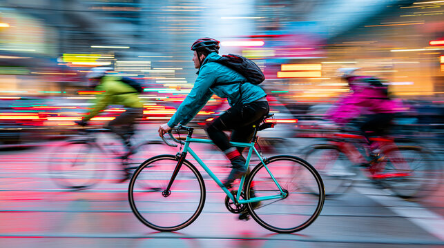 Cyclists race through a city street at night, captured in motion blur with vibrant urban lights highlighting their movement and speed.