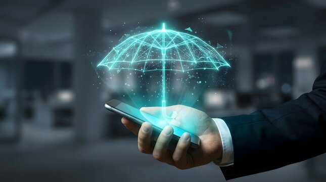 Digital insurance protection concept with glowing wireframe umbrella hovering above a smartphone in hand