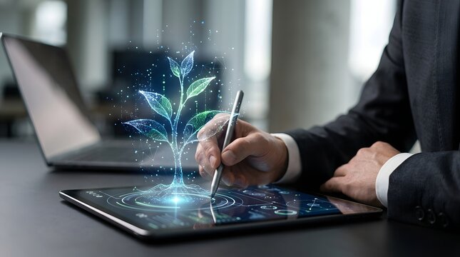 Business sustainability digital plant projection on a tablet screen with a businessman using a stylus pen