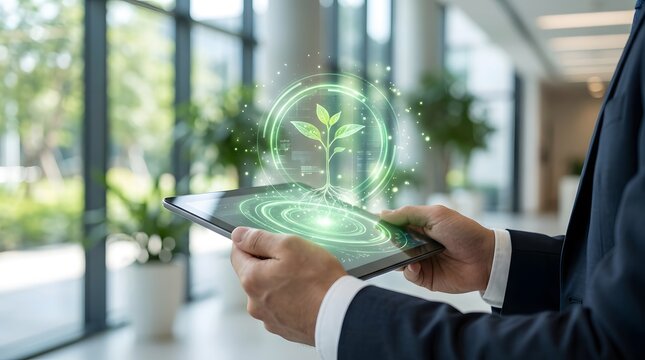 Businessman holding tablet with digital green sprout hologram in office environment interior