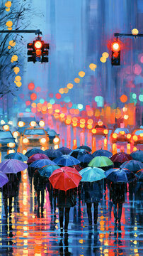 A rainy city street filled with people holding colorful umbrellas under red traffic lights, with reflections glowing on the wet pavement.