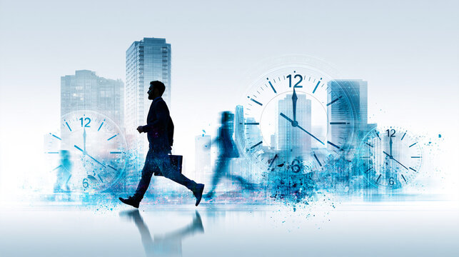 Silhouettes of business people walking against a cityscape backdrop with multiple clocks symbolizing time and urgency.