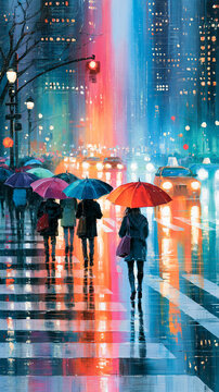 Rainy city street at night with people holding colorful umbrellas, reflecting vibrant neon lights on wet pavement.