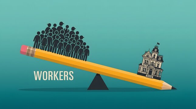 Workers and house balance concept on a pencil seesaw illustration