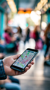 A person holds a smartphone displaying a transit map inside a blurred bus or train with passengers.