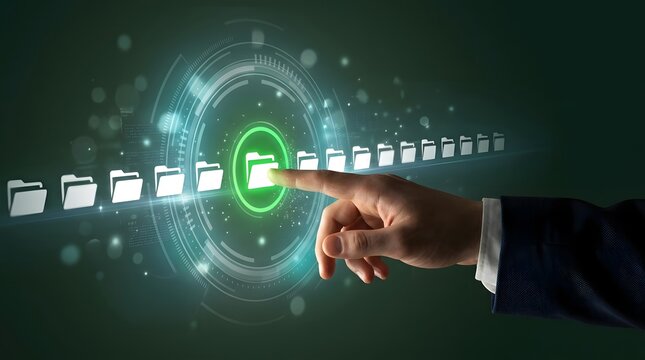 Data management concept with hand touching digital folders and futuristic technology interface screen