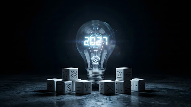 New year 2027 vision concept with glowing light bulb and symbolic blocks representing future innovation