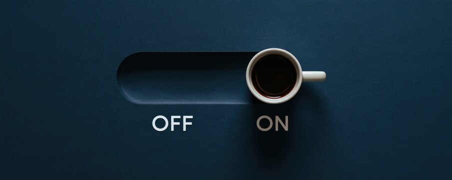 A coffee cup is positioned on a dark surface resembling a toggle switch set to "ON," with the word "OFF" also visible, symbolizing waking up or starting the day.