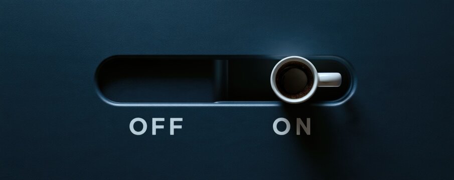 A coffee cup is cleverly placed in a switch slot, symbolizing a toggle between "off" and "on" states.