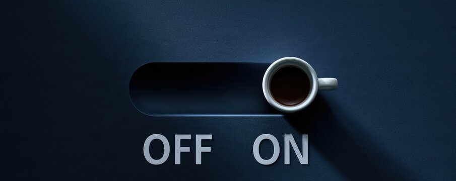 A coffee cup positioned on a switch-like surface between "OFF" and "ON," symbolizing coffee as an energizing start to the day.