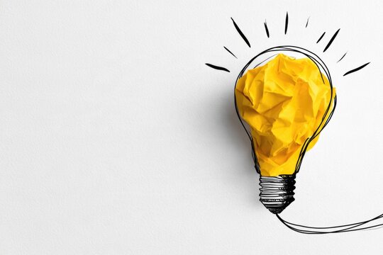 Yellow crumpled paper shaped as a light bulb with black sketch lines symbolizes creativity and innovative ideas on a white textured background.