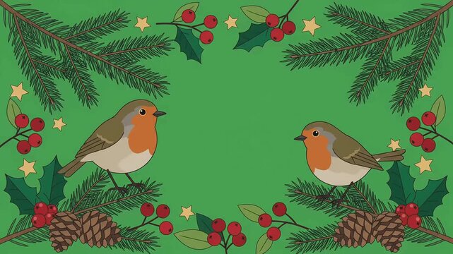 Festive animated Christmas background featuring cute robins landing on green pine branches with holly berries and golden stars, ideal for winter holiday video projects.