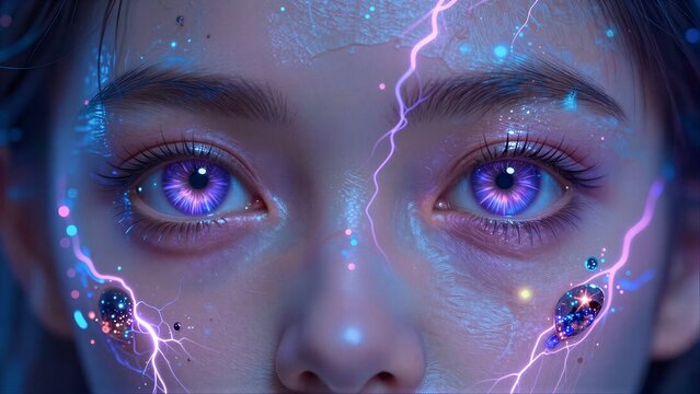 A mesmerizing face with glowing purple eyes and vibrant electric energy crackling across skin.