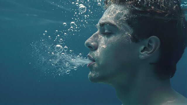 Man underwater exhaling bubbles, serene expression in deep blue ocean.