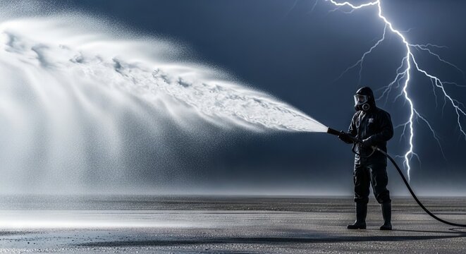 Heavy protective gear remains steadfast against powerful wind as a high-pressure water stream erupts from a nozzle during an intense storm, courage, professional, focus