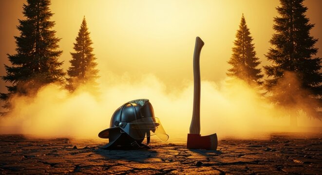 A heavy firefighting helmet and protective axe resting on scorched ground amidst thick golden smoke and towering ancient evergreen trees, climate, light, ecosystem