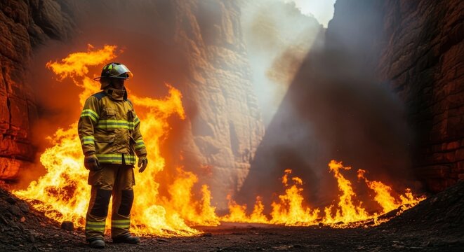 Protective yellow gear and a helmet stand against a wall of aggressive orange flames and thick gray smoke in a rugged wilderness canyon, fire, helmet, intense