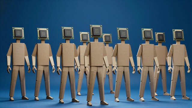 Paper figures with chip heads stand in a row against a blue background.