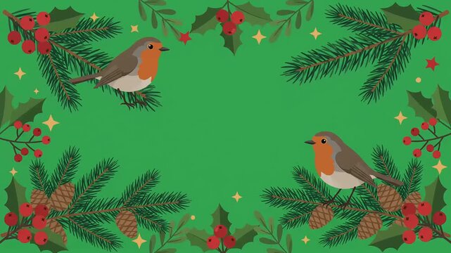 Festive winter animation featuring cute robins perched on pine branches with red berries and pinecones framing a green holiday background for seasonal greeting cards.