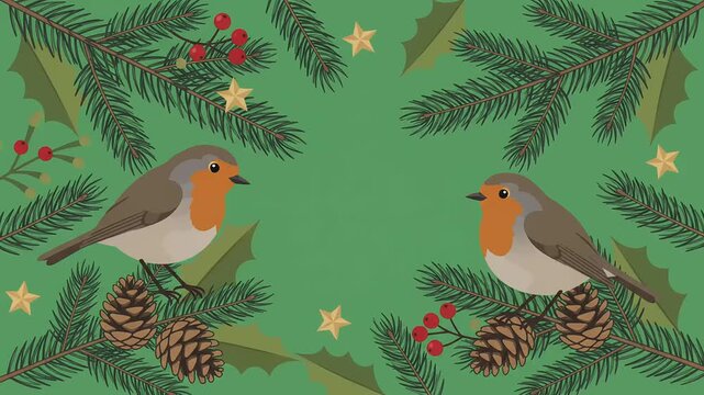 Festive Christmas background animation featuring cute robins sitting on pine branches with pinecones and golden stars on a green background for holiday greeting videos.