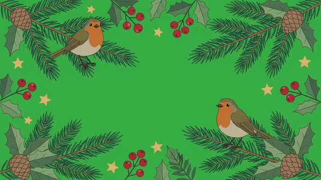 Festive animated Christmas background video featuring cute robin birds landing on pine branches with pinecones, holly berries, and twinkling stars for holiday greetings.