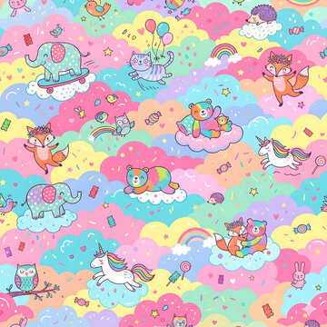 Seamless pattern, joyful maximalism, naive art style, cute whimsical animals in the clouds