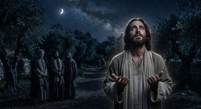 Jesus praying the High Priestly Prayer for His disciples, John 17 New Testament Passion Week biblical scene, Upper Room intercession