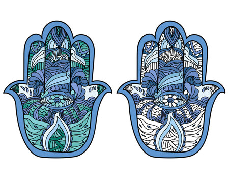 set of intricate hand drawn Hamsa hand symbols featuring tangled patterns vector illustration