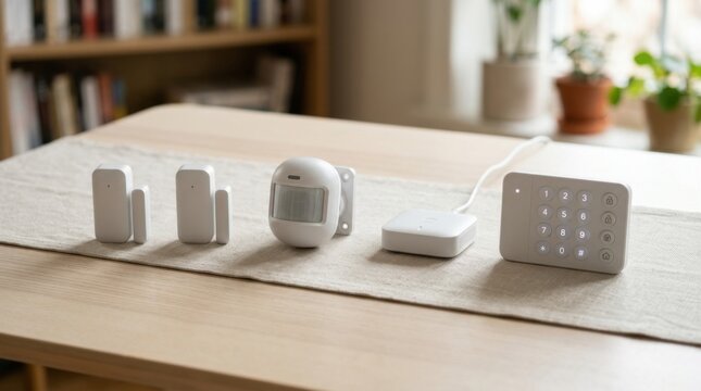 Smart Home Security Devices on Wooden Table
