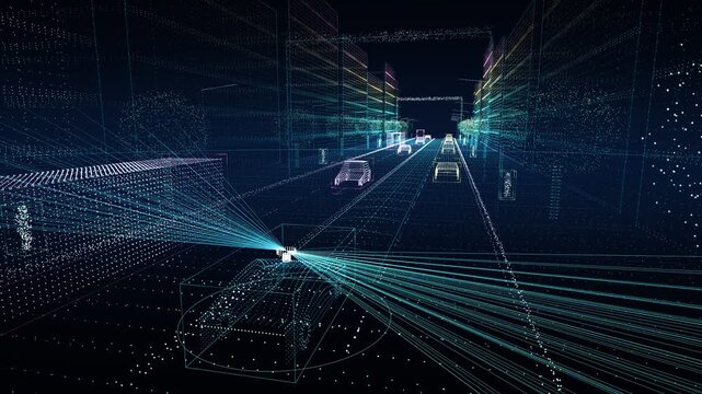 Autonomous Vehicle LiDAR Sensor 3D Point Cloud City Street Scanning and Object Detection Loop Animation 4K