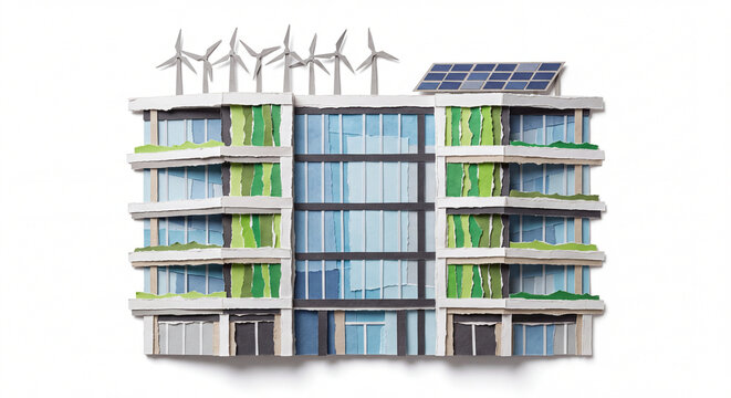 Net-Zero Office Building with Wind Turbine Ripped Paper Craft Illustration Isolated on White Background, Sustainable Architecture Design
