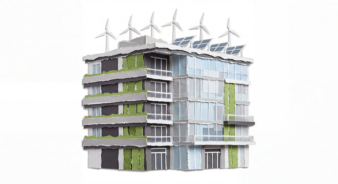 Net-Zero Office Building with Wind Turbine Ripped Paper Craft Illustration Isolated on White Background, Sustainable Architecture Design