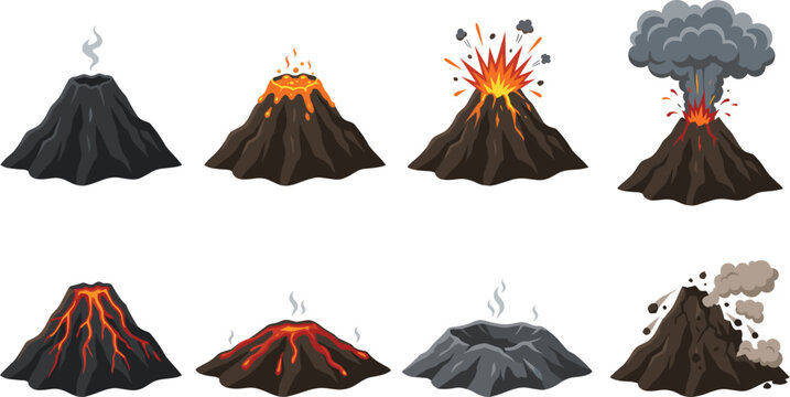 Vector illustration set of volcano eruption stages from smoking crater to magma explosion and volcanic ash cloud