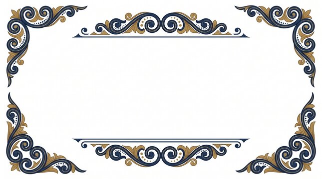 Vintage ornamental frame with elegant scrollwork, navy blue and gold filigree borders, classic baroque style corners on white background, decorative vector illustration for invitations