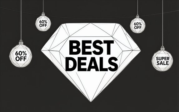 Diamond-shaped BEST DEALS sign with hanging 60% off and Super Sale ornaments.