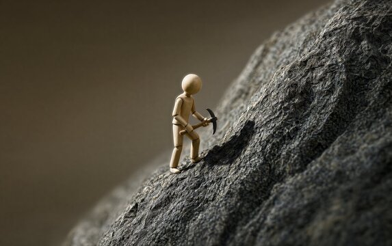 Tiny figure climbs steep rock with pickaxe, symbolizing perseverance and determination.