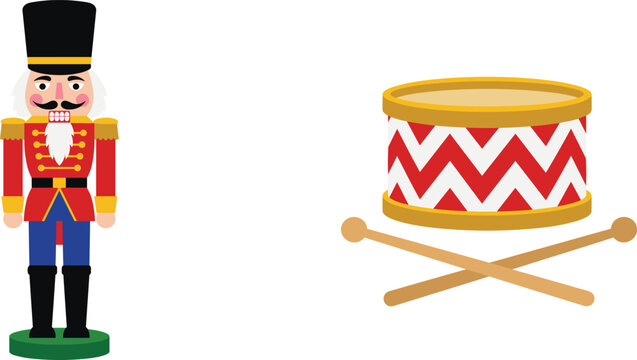Christmas nutcracker and toy drum vector illustration, festive red and gold figures for holiday decoration