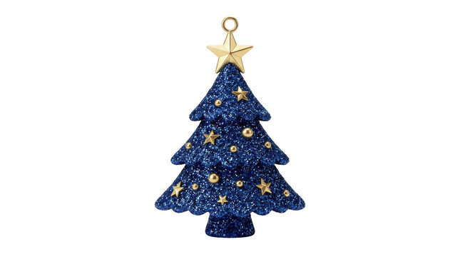 Blue glitter christmas tree ornament with gold stars isolated on transparent background
