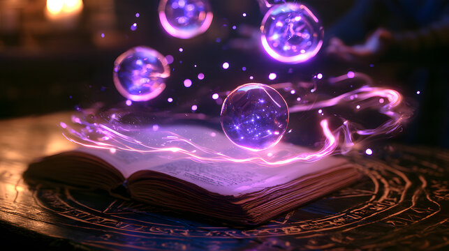 Ancient spellbook lying open on an altar with glowing purple energy trails and floating magic glass orbs. Mystical alchemy, fantasy spell casting, and Halloween witchcraft stock photo