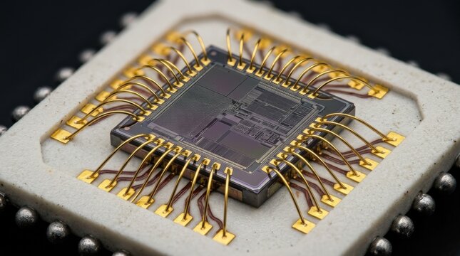 Macro closeup of a silicon microchip bare die mounted on a ceramic ball grid array substrate with microscopic gold bond wires, copper interconnects, and solder micro-bumps.