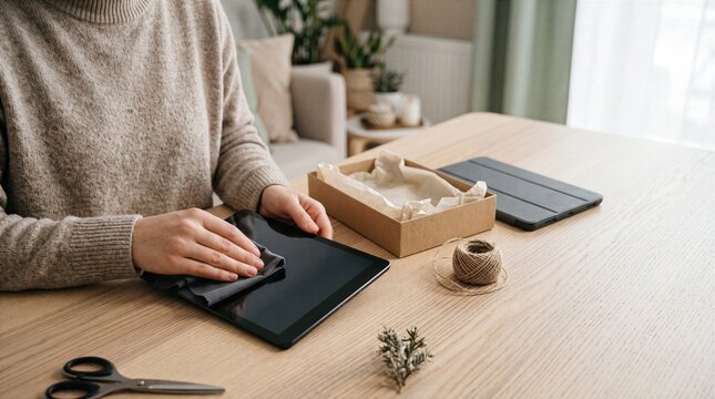 Person cleans tablet screen before gift packaging