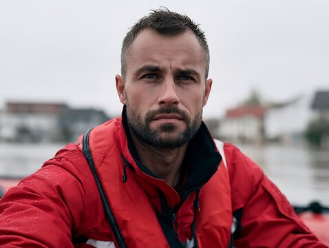Portrait of a confident lifeguard or rescue worker in a red waterproof jacket outdoors against a water background