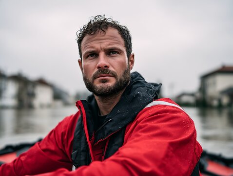 Portrait of a confident lifeguard or rescue worker in a red waterproof jacket outdoors against a water background