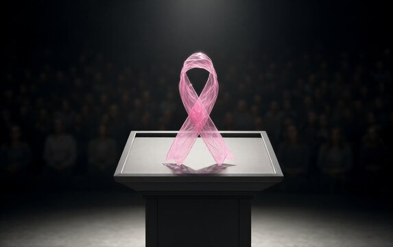 Pink ribbon symbolizes breast cancer awareness, spotlighted on a podium before an audience.