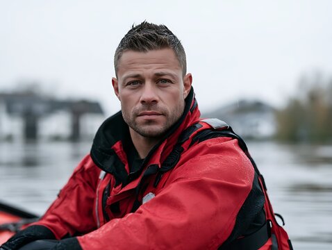 Portrait of a confident lifeguard or rescue worker in a red waterproof jacket outdoors against a water background
