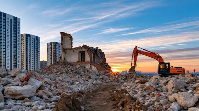 Excavator working on demolition site with building rubble