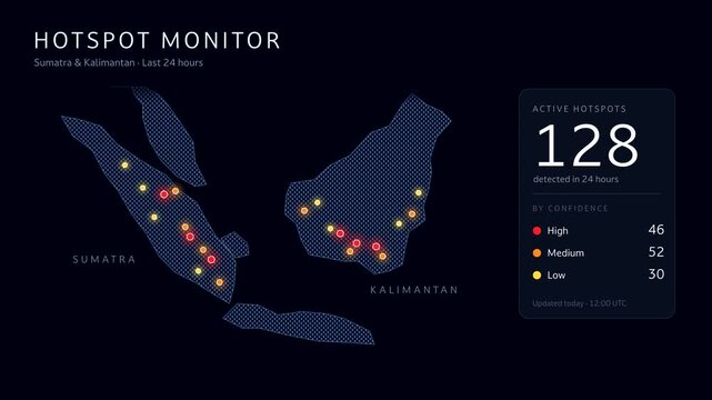 Wildfire hotspot monitor map animation of Sumatra and Kalimantan Indonesia, glowing hotspots counter and confidence levels on dark dashboard