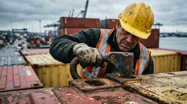 Harbor logistics worker in hard hat and safety vest securing a heavy steel twistlock onto stacked intermodal freight shipping containers at an import dock.