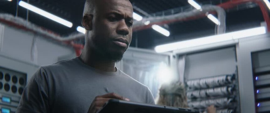 Male IT Specialist Standing in Server Room with Digital Tablet, Monitoring Server Performance and Assessing Infrastructure Issues. Enterprise IT Management, System Diagnostics, Network Reliability.