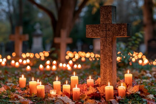 Cemetery cross with glowing candles and autumn leaves